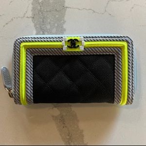 Authentic CHANEL Canvas Quilted Small Fluo Boy Zip Around Wallet